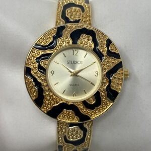 Studio Time Watch Women 35mm Gold Tone Cuff Black Enamel Look New Battery 6.25"